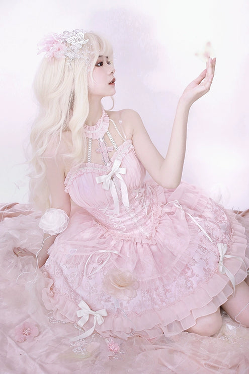 Fairy-Tale Ballet Doll Lolita Halter Dress with Corset Lace-Up and Ruffled Layers – Available in 8 Colors