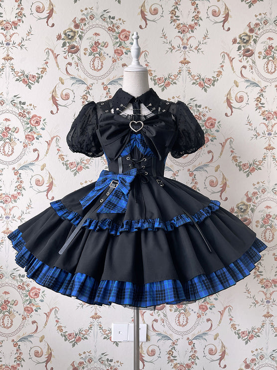 Gothic Blue Plaid Lolita JSK with Heart-Shape Neckline and Ruffled Trims
