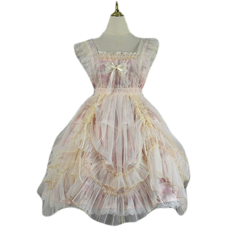 Serene Blossom Lolita Dress - Dual-Style Apron Overlay JSK with Floral and Lace Accents