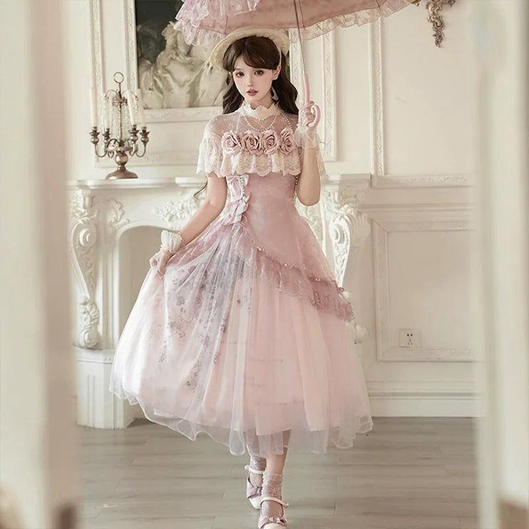 Vintage - inspired Pink Tea - length gown with Floral Lace and Tulle Layers, set for spring and summer