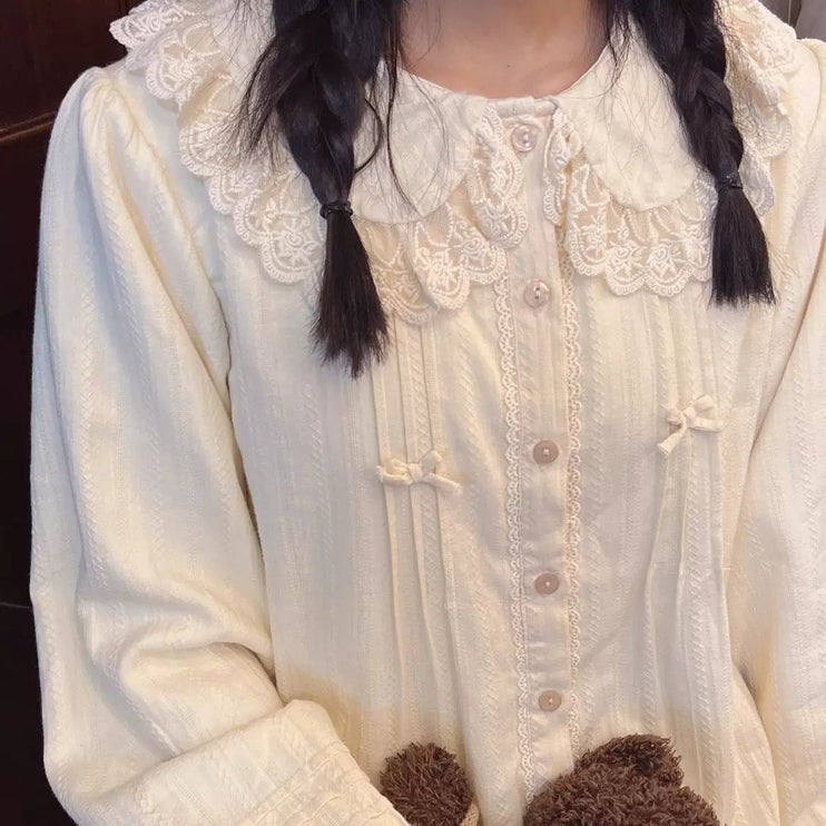 Vintage - style White or Cream Blouse with Peter Pan Collar, Bows and Ruffles
