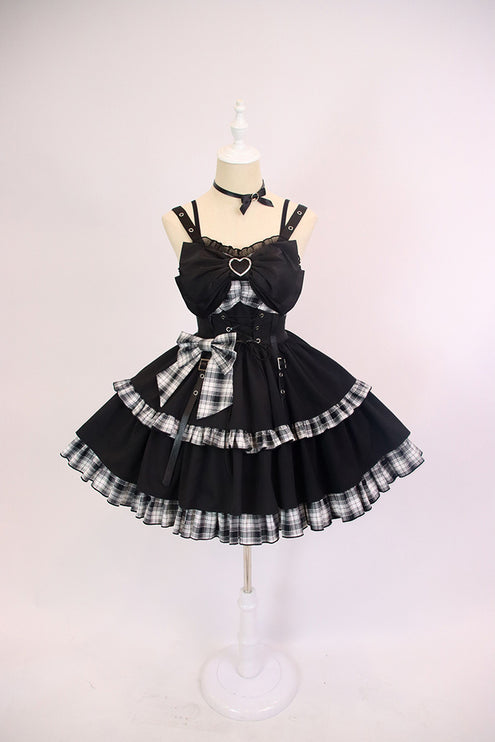 Elegant Gothic Lolita JSK with Heart Embellishment and Plaid Accents