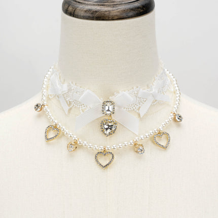 Edgy Punk Style Elaborate Double-Layer Necklace with Pearls and Gemstone Choker Lolita Collarbone Chain