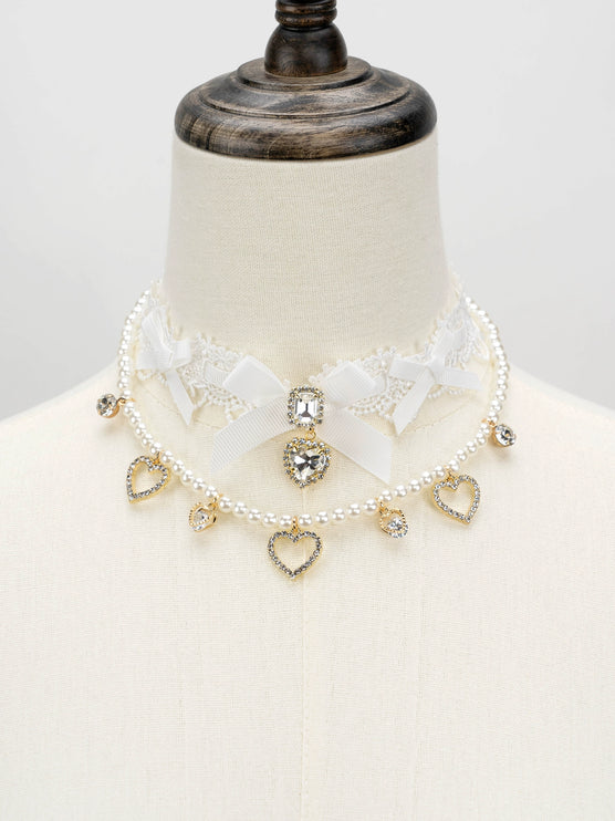 Edgy Punk Style Elaborate Double-Layer Necklace with Pearls and Gemstone Choker Lolita Collarbone Chain