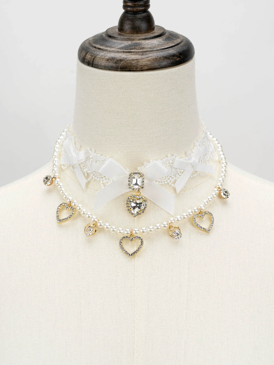 Edgy Punk Style Elaborate Double-Layer Necklace with Pearls and Gemstone Choker Lolita Collarbone Chain
