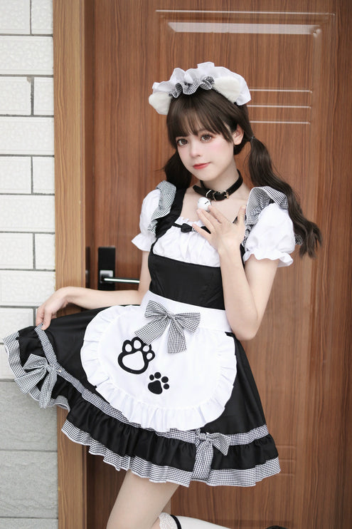 S-XXXXXL Pink Maid Cos Costume with Cat's Paw Apron OP Kitty Lolita Dress