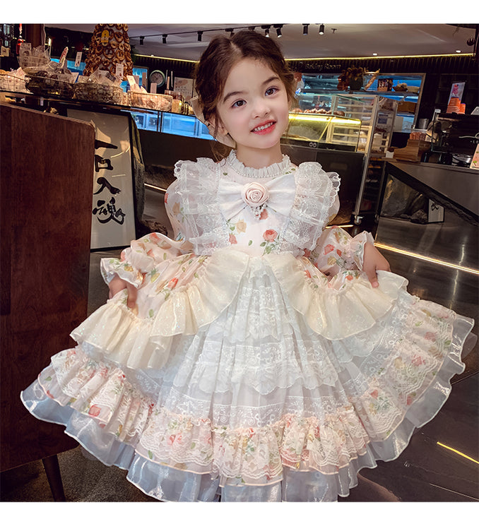 Charming Pastel Pink Lolita Dress for Girls - Floral Embellished, Multi-Layered Skirt