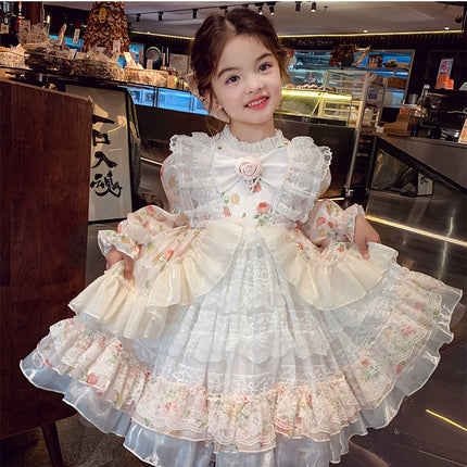 Charming Pastel Pink Lolita Dress for Girls - Floral Embellished, Multi-Layered Skirt, Perfect for Tea Parties and Special Occasions