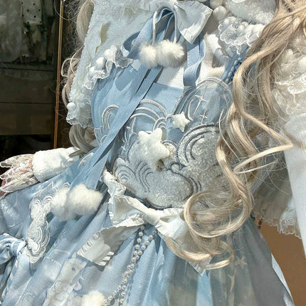 Lolita Dress with Fluffy Ears Headband - Sweet Pastel Blue and White Princess - Style Cosplay Costume