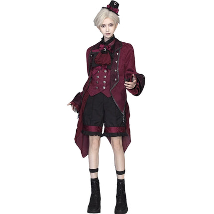 Twin Prince-Inspired Lolita Set – Black and Red Gothic High-Low Hoop Skirt with Vest and Shirt Design