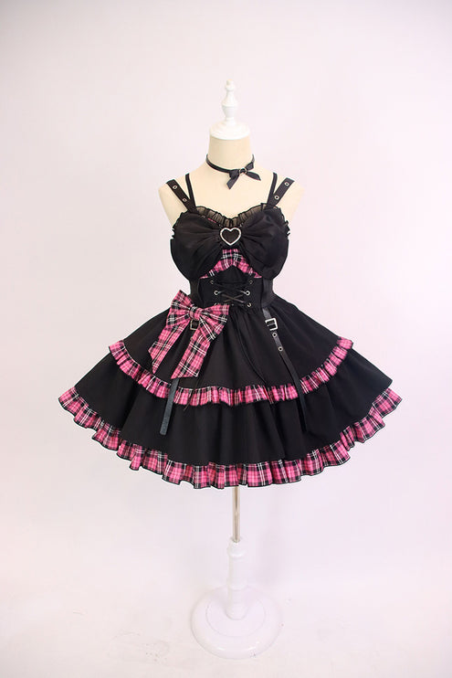 Elegant Gothic Lolita JSK with Heart Embellishment and Plaid Accents