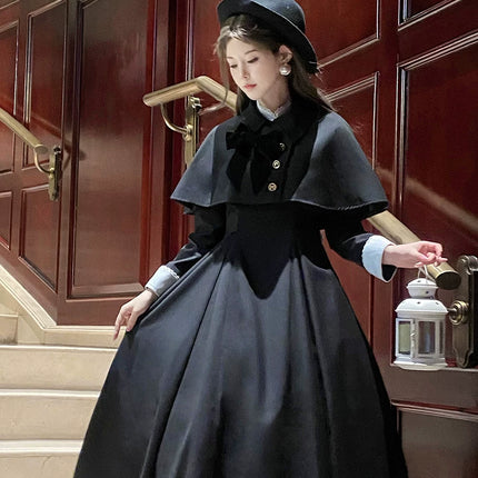Elegant Victorian - inspired Black Dress with Bowknot and Flared Skirt