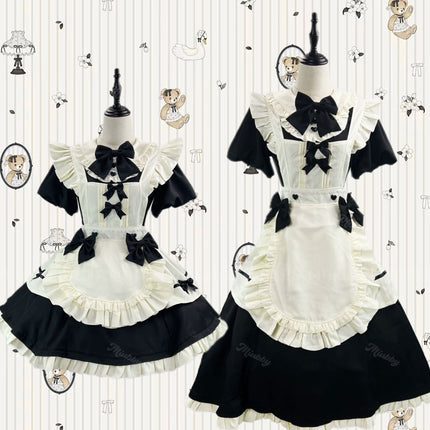 Elegant Black and White Lolita Maid Dress with Ruffled Skirt and Delicate Bows