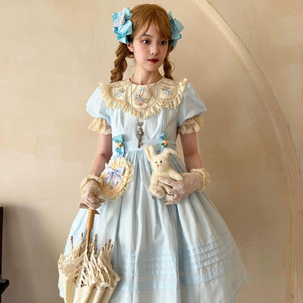 Vintage Garden Lolita Dress - Embroidered Floral Collar OP in Soft Green