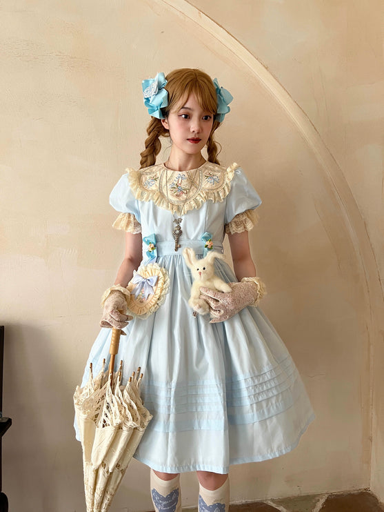 Vintage Garden Lolita Dress - Embroidered Floral Collar OP in Soft Green