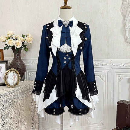 Lolita Prince-Inspired Set – Royal Blue Gothic Shirt with Lace-Trimmed Shorts