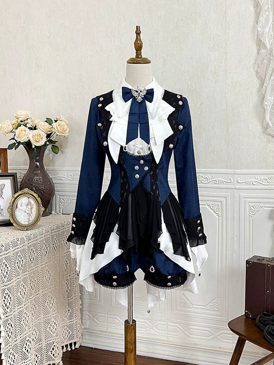 Lolita Prince-Inspired Set – Royal Blue Gothic Shirt with Lace-Trimmed Shorts