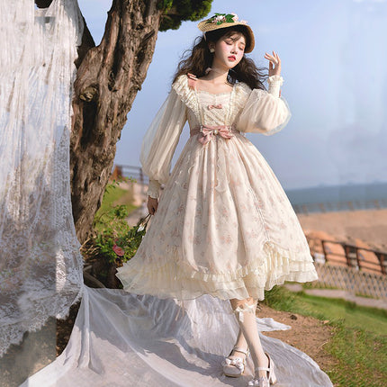 Elegant Cream Lolita Dress with Floral Embroidery and Ruffled Skirt