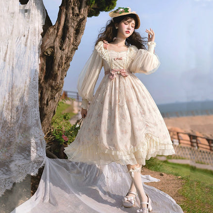 Elegant Cream Lolita Dress with Floral Embroidery and Ruffled Skirt - Perfect for Tea Parties and Special Occasions