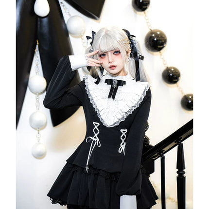 Gothic Lolita Dress with White Lace Collar, Long Sleeves and Lace - up Details