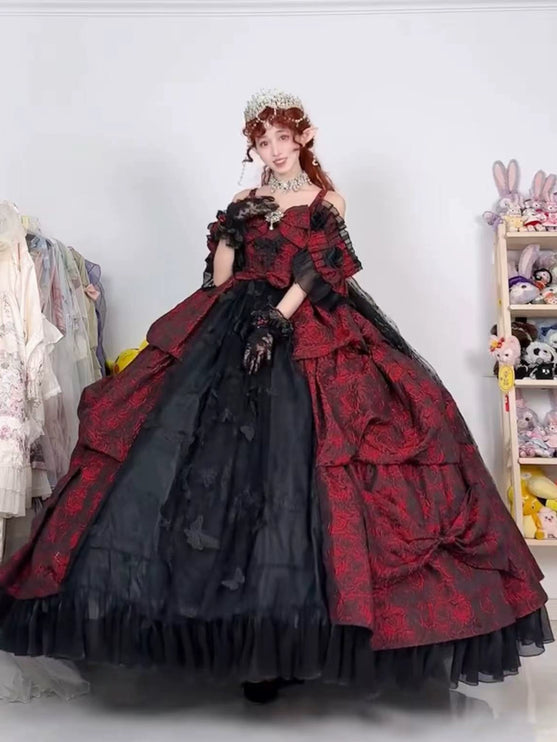 Elegant Victorian Inspired Gothic Lolita Ball Gown in Red & Black