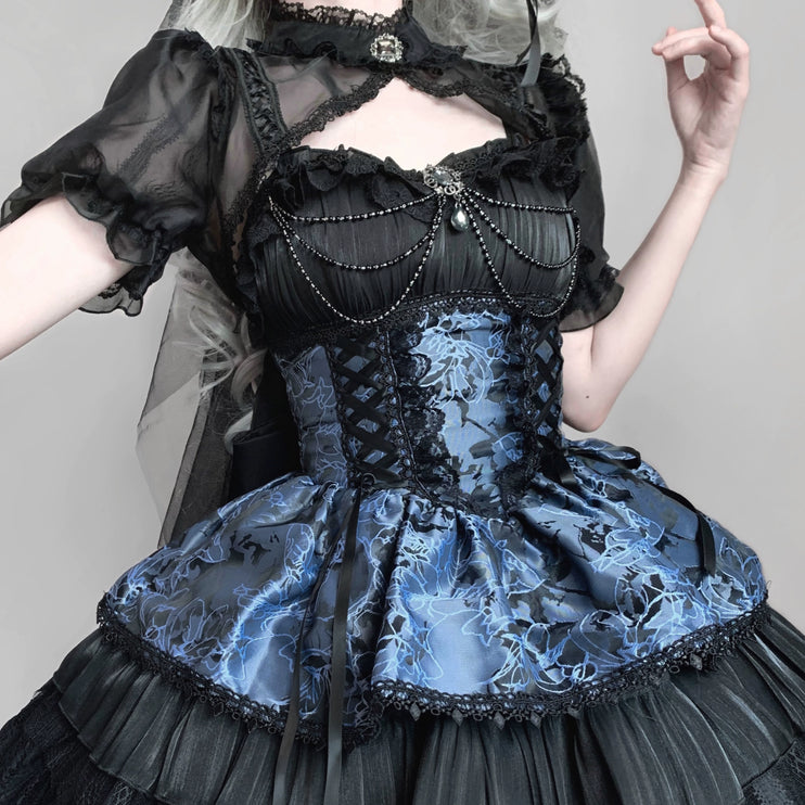 Dark Gothic JSK Lolita Dress with Baroque Lace and Embroidered Corset