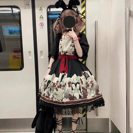 Dark Wonderland Asylum Lolita Dress - Gothic OP with Velvet Ribbon and Eerie Storybook Print