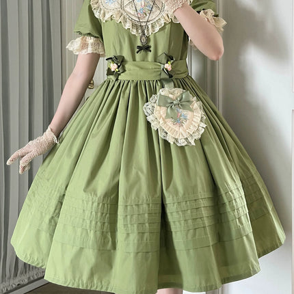 Vintage Garden Lolita Dress - Embroidered Floral Collar OP in Soft Green