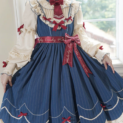 Aristocratic Elegance Lolita Dress - Pinstripe OP with Ribbon Belt and Lace Accents