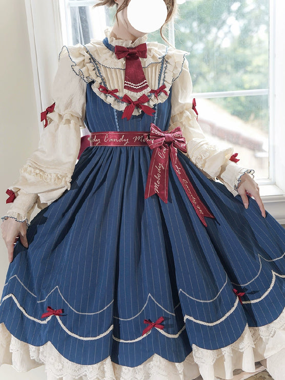 Aristocratic Elegance Lolita Dress - Pinstripe OP with Ribbon Belt and Lace Accents