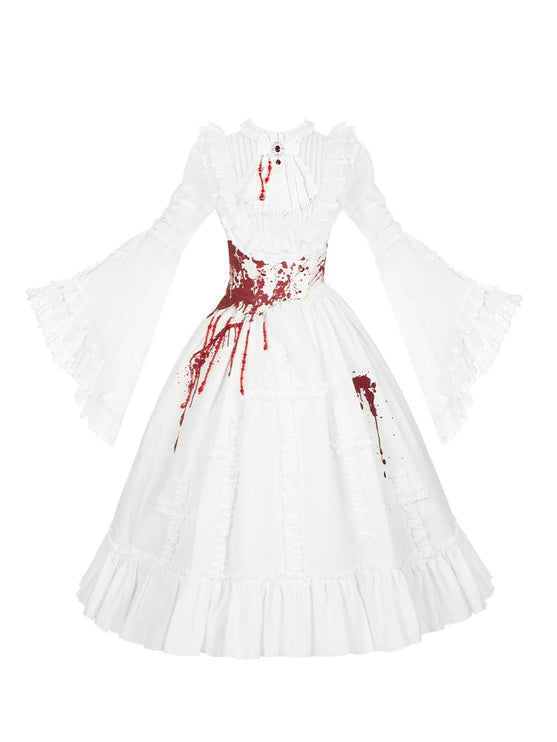 Gothic Lolita White Dresses with Bloody Accents, Delicate Lace and Charming Design