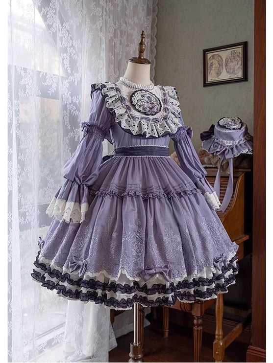 Elegant Lavender Lolita OP Dress with Lace and Ruffled Trims