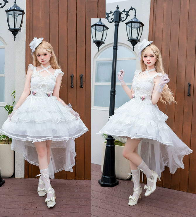 Elegant, lightweight wedding-style Lolita dress with a ballet-girl silhouette and ruffled details, inspired by cotton-candy motifs