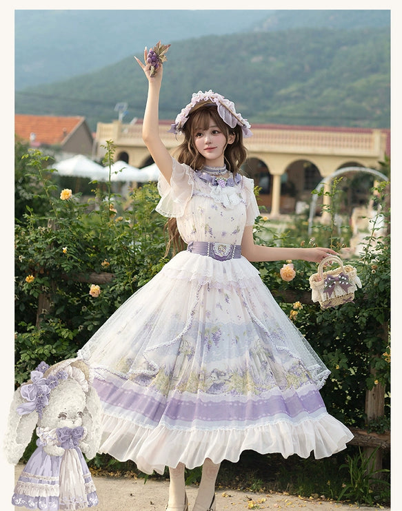 Lolita Dress - Delicate Purple - hued with Floral Patterns, Short - sleeved and Floor - length