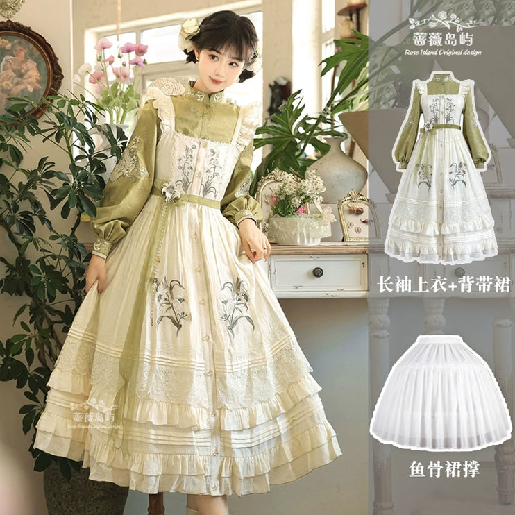 Vintage - style Green and White Layered Lolita Dress with Floral Embroidery