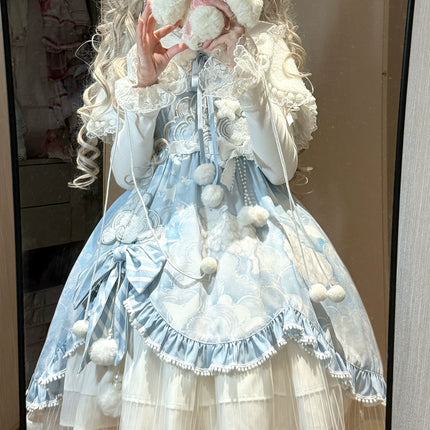 Lolita Dress with Fluffy Ears Headband - Sweet Pastel Blue and White Princess - Style Cosplay Costume