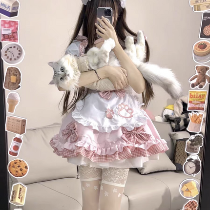 S-XXXXXL Pink Maid Cos Costume with Cat's Paw Apron OP Kitty Lolita Dress