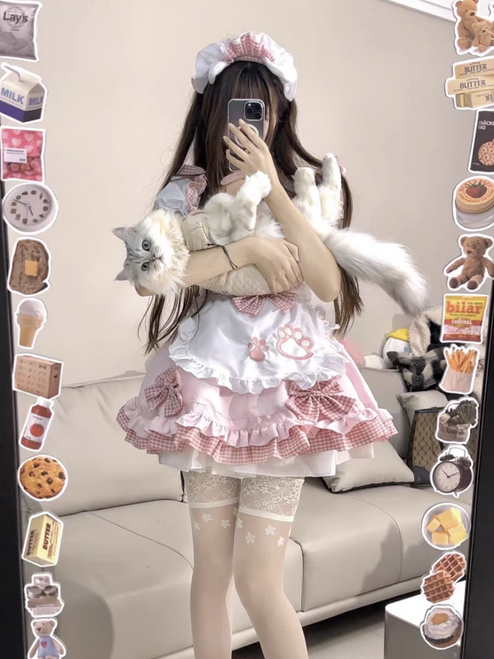 S-XXXXXL Pink Maid Cos Costume with Cat's Paw Apron OP Kitty Lolita Dress