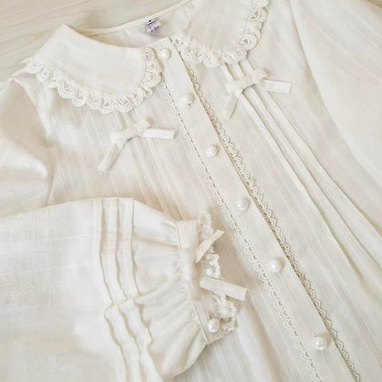 Vintage - style White or Cream Blouse with Peter Pan Collar, Bows and Ruffles