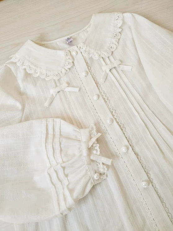 Vintage - style White or Cream Blouse with Peter Pan Collar, Bows and Ruffles