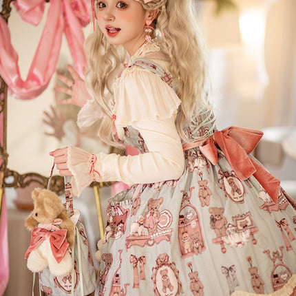 Enchanting Pastel Green Animal Illustration Lolita Jumper Skirt (JSK) Dress
