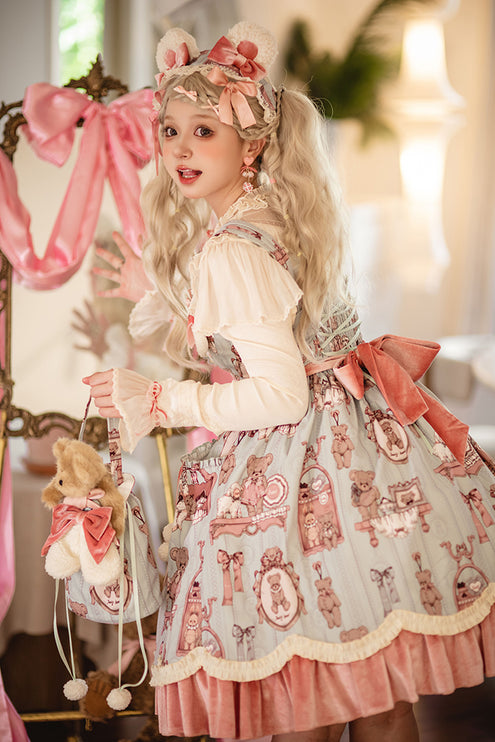 Enchanting Pastel Green Animal Illustration Lolita Jumper Skirt (JSK) Dress
