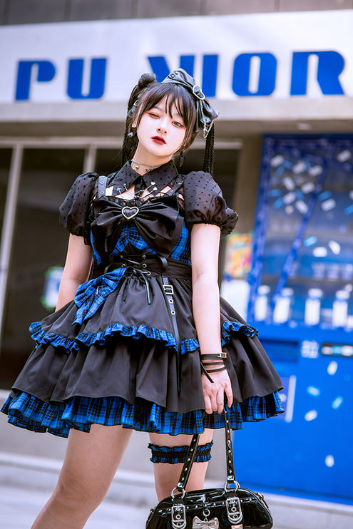 Gothic Blue Plaid Lolita JSK with Heart-Shape Neckline and Ruffled Trims