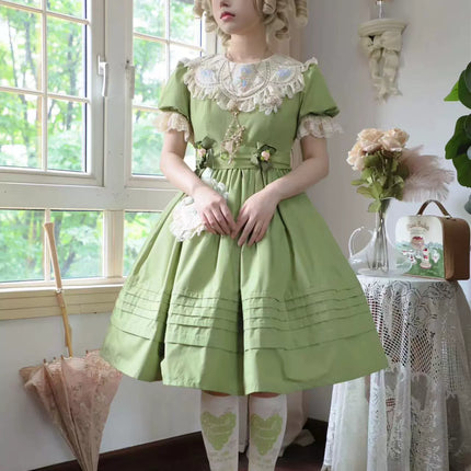 Vintage Garden Lolita Dress - Embroidered Floral Collar OP in Soft Green