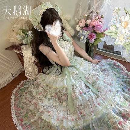 Elegant Vintage Floral Lolita JSK with Ruffled Details and Adjustable Waist Ties