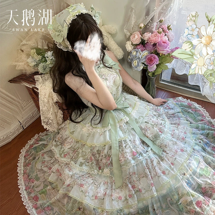 Elegant Vintage Floral Lolita JSK with Ruffled Details and Adjustable Waist Ties