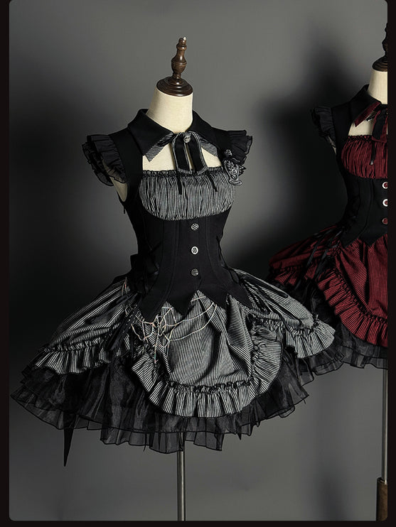 Gothic Lolita Dress with Ruffled Hem and Corset Detail