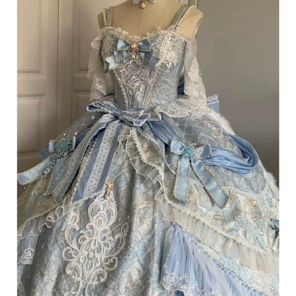Dreamy Light - Blue Lolita Grand Ball Gown with Intricate Lace and Elegant Bow Decorations