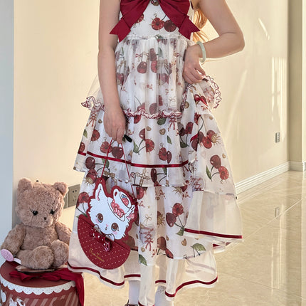 S-2XL Cherry Blossom Delight Lolita Dress – Sweet Vintage Print JSK/OP in Black, Red, Gray & White