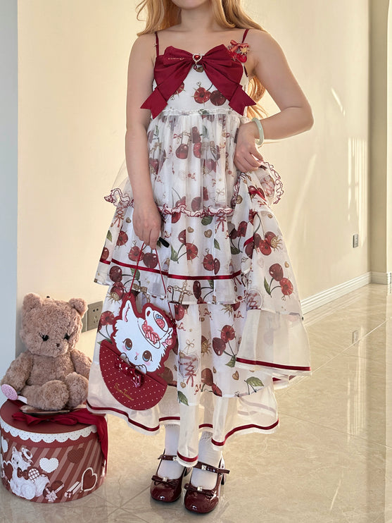 S-2XL Cherry Blossom Delight Lolita Dress – Sweet Vintage Print JSK/OP in Black, Red, Gray & White